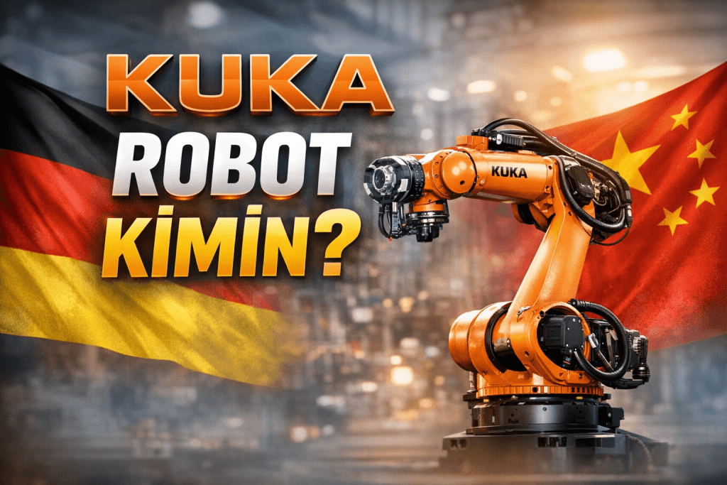 KUKA robot kimin, KUKA hangi ülkenin ve KUKA sahibi kim sorularını anlatan, Almanya ve Çin bayrakları ile endüstriyel KUKA robot kolunun yer aldığı SEO uyumlu blog görseli